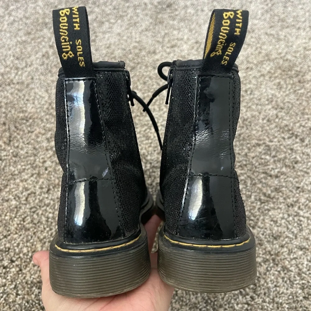 Youth Little Girl’s Doc Dr. Martens Pooch Black Sparkly Combat Boots Size 3